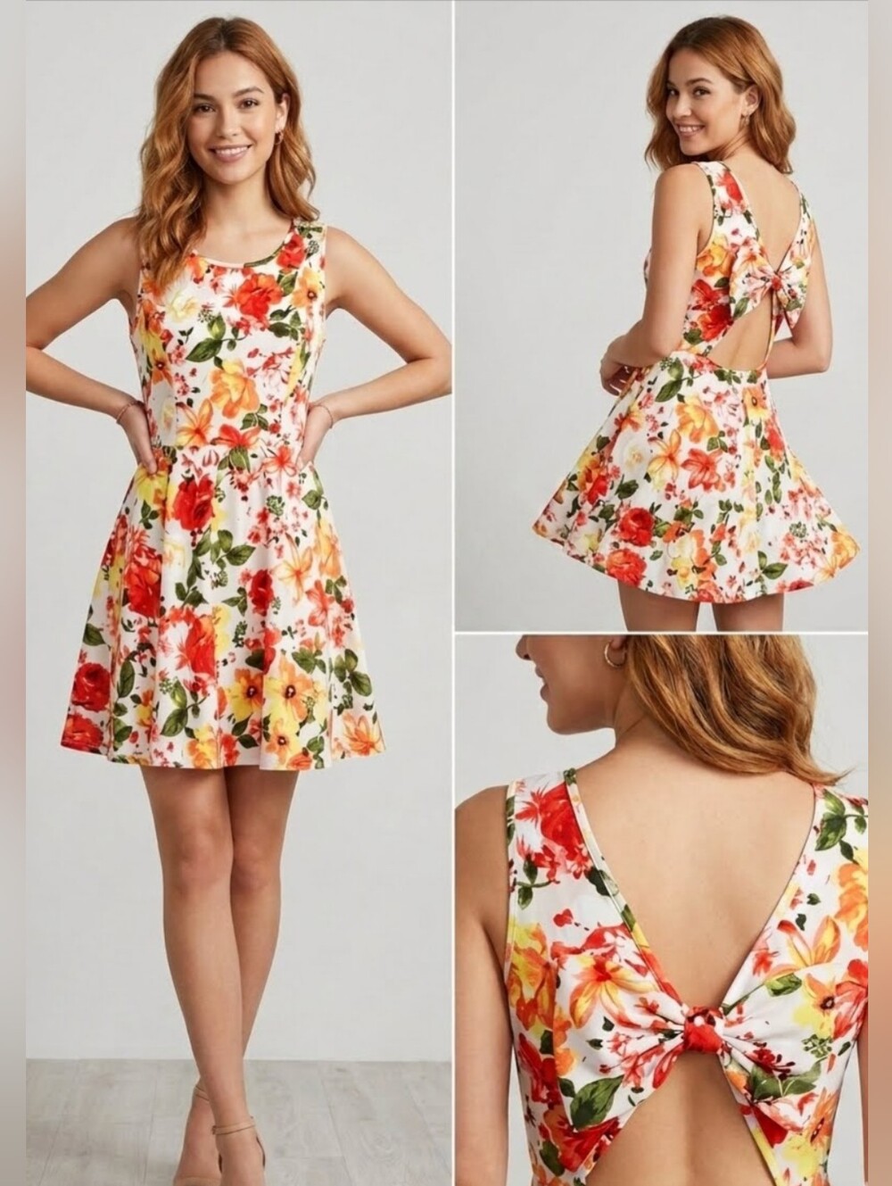 Papaya White Floral Skater Dress L Cutout Open Back Bow Fit Flare Summer Mini